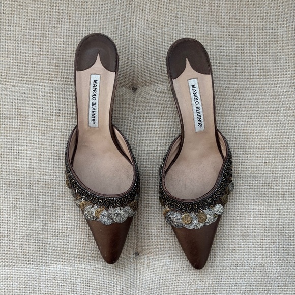 Manolo Blahnik Shoes - Manolo Blahnik 2000s Silver & Gold Coin Brown Leather Mule Heels